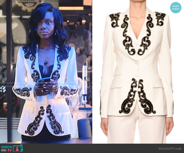 Dolce & Gabbana Filigree-Embroidered Single-Breasted Blazer Jacket worn by Zenzi Fullington (Ashleigh Murray) on Tom Swift