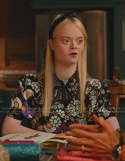 Rebecca’s black floral dress on Never Have I Ever