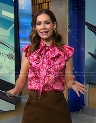 Rebecca’s pink print tie neck top on Good Morning America