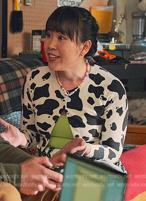 Eleanor’s cow print cardigan on Never Have I Ever