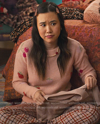 Eleanor’s strawberry print sweater on Never Have I Ever
