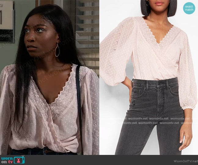 Express Eyelet Trim Faux Wrap Thong Bodysuit worn by Trina Robinson (Tabyana Ali) on General Hospital