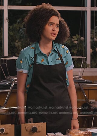 Fabiola’s blue print short sleeve shirt on Never Have I Ever