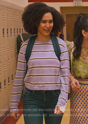 Fabiola’s lavender stripe tee on Never Have I Ever