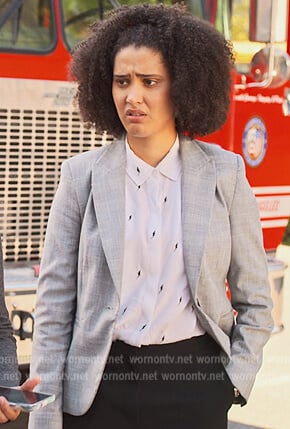 Fabiola’s white bolt print shirt on Never Have I Ever