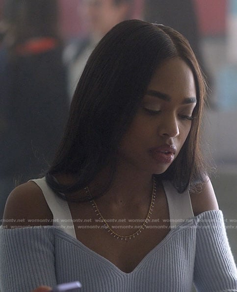Faran’s blue cold-shoulder sweater on Pretty Little Liars Original Sin