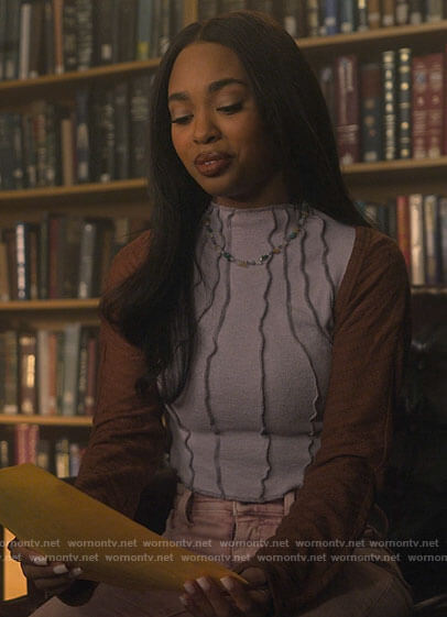 Faran’s purple seamed top on Pretty Little Liars Original Sin