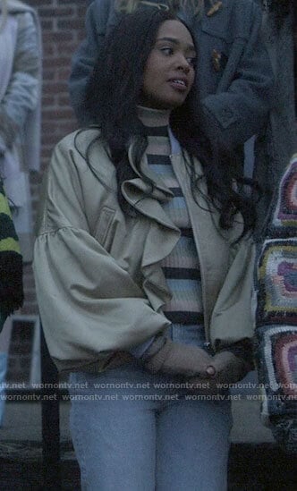 Faran’s ruffled balloon sleeve jacket on Pretty Little Liars Original Sin