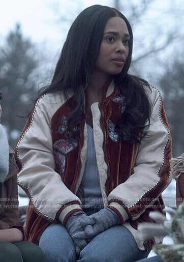 Faran’s butterfly embroidered bomber jacket on Pretty Little Liars Original Sin