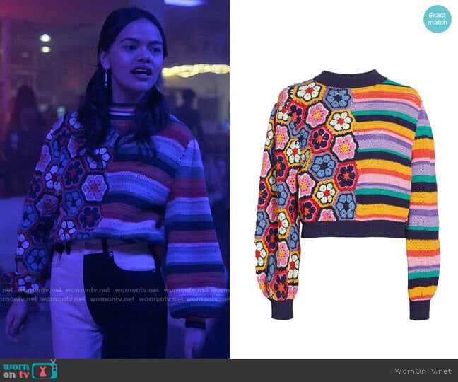 Farm Rio Flower Stripe Crochet Sweater worn by Minnie 'Mouse' Honrada (Malia Pyles) on Pretty Little Liars Original Sin