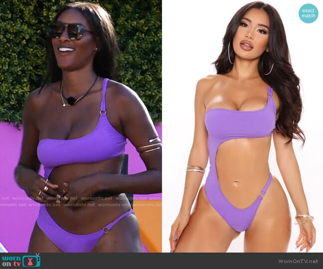 Fashion Nova Sunset Cliff Cutout One Piece Swimsuit in Purple worn by Zeta Morrison on Love Island USA