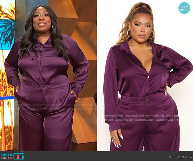 Fashion Nova Office Favorite Satin Pant Set - Plum worn by Loni Love on E! News