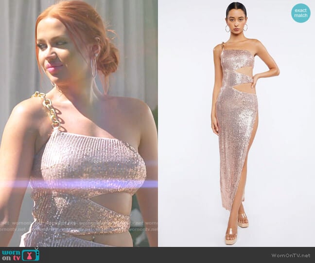 Forever 21 Sequin Cutout One-Shoulder Gown in Blush worn by Sydney Paight on Love Island USA
