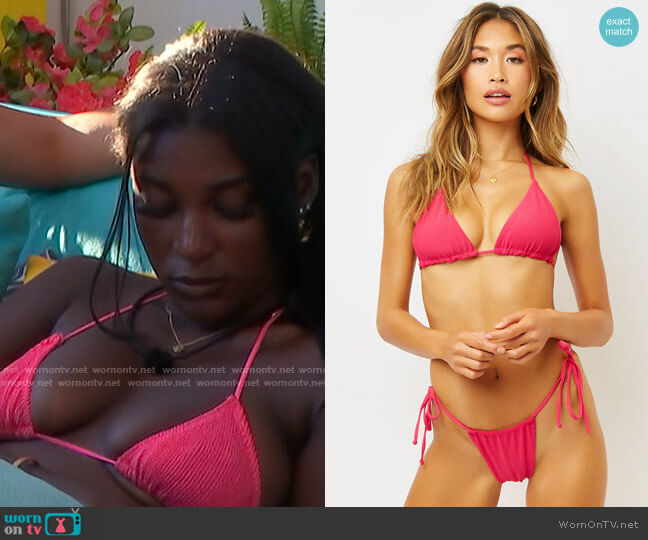Frankies Bikinis Tia Ribbed Bikini Top in Rosewood worn by Zeta Morrison on Love Island USA