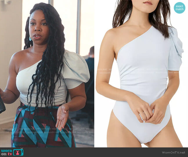 Free People Somethin Bout You So One Shoulder Bodysuit in Crisp Morning worn by Malika (Toccarra Cash) on Everythings Trash
