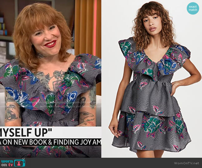 Ganni Structured Jacquard Dress in Sharkskin worn by Michelle Tea on CBS Mornings