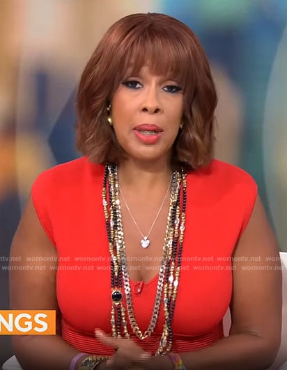 Gayle King’s red v-neck sheath dress on CBS Mornings