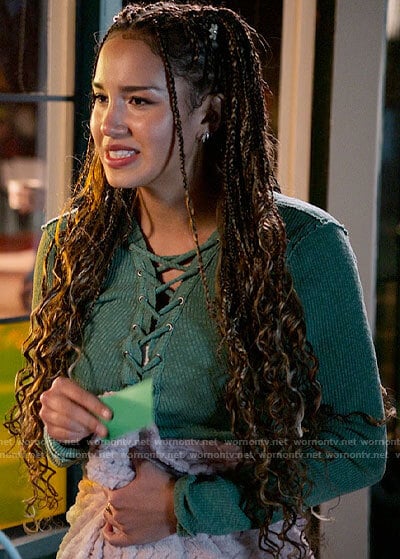 Gina’s green lace-up crop top on High School Musical The Musical The Series