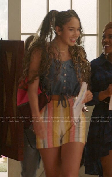 Gina’s denim crop top and striped shorts on High School Musical The Musical The Series