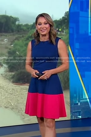 Ginger’s blue and pink colorblock dress on Good Morning America