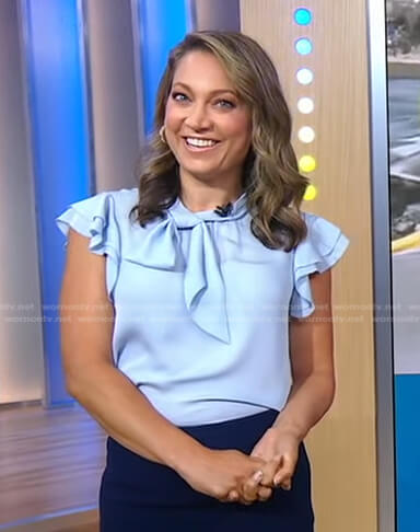 Ginger’s blue ruffle tie neck top on Good Morning America