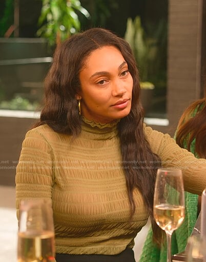 Brandi’s green ruched mock neck top on Selling the OC