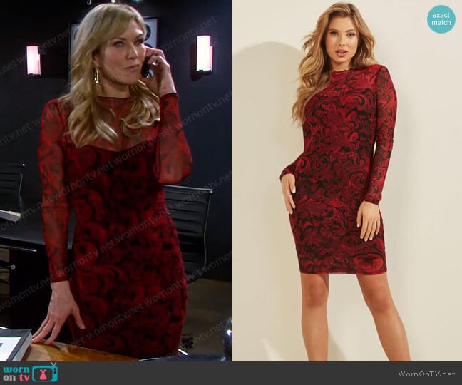 Guess Jemma Dress in Rose mirage print red worn by Kristen DiMera (Stacy Haiduk) on Days of our Lives