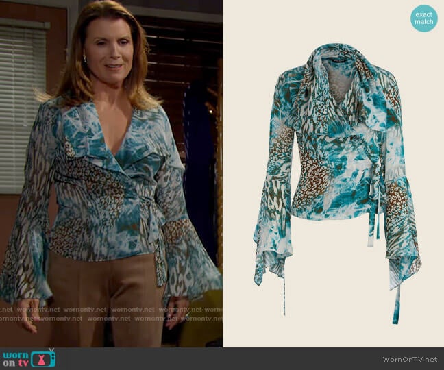 Guess Willow Blouse in Underwater Love Teal worn by Sheila Carter (Kimberlin Brown) on The Bold and the Beautiful