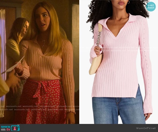 Helmut Lang Ribbed-knit polo shirt worn by Karen Beasley (Mallory Bechtel) on Pretty Little Liars Original Sin