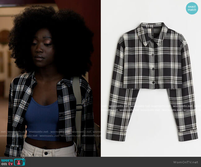 H&M Cotton Crop Shirt in Black/White Plaid worn by Elise (Raven Scott) on American Horror Stories