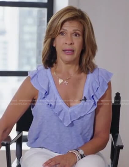Hoda Kotb’s blue ruffle v-neck top on Access Hollywood