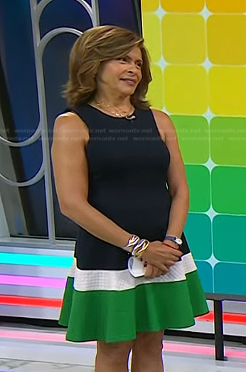 Hoda’s navy and green colorblock dress on Today