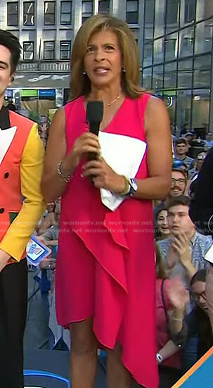 Hoda’s pink ruffle front sleeveless dress on Today