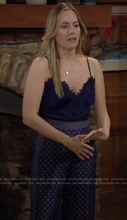 Hope’s navy lace trim cami and printed pants on The Bold and the Beautiful