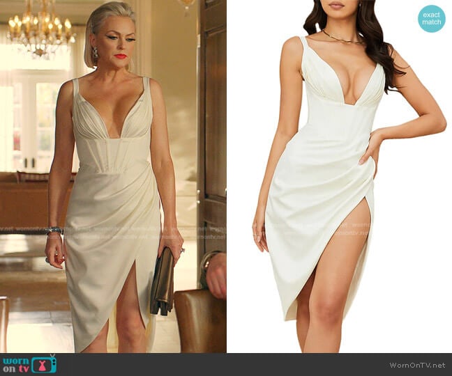 House of CB Faye Satin Pleated Midi Dress worn by Alexis Carrington (Elaine Hendrix) on Dynasty