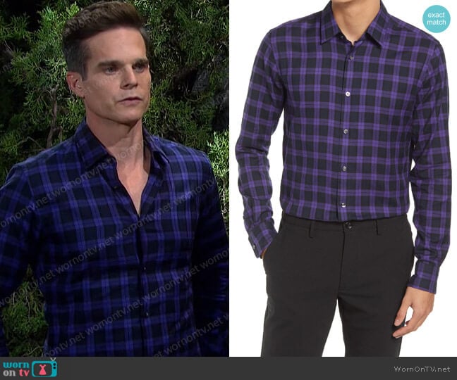 Hugo Reid Trim Fit Plaid Sport Shirt worn by Leo Stark (Greg Rikaart) on Days of our Lives