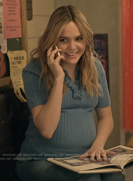 Imogen’s blue ruffle trim polo top on Pretty Little Liars Original Sin