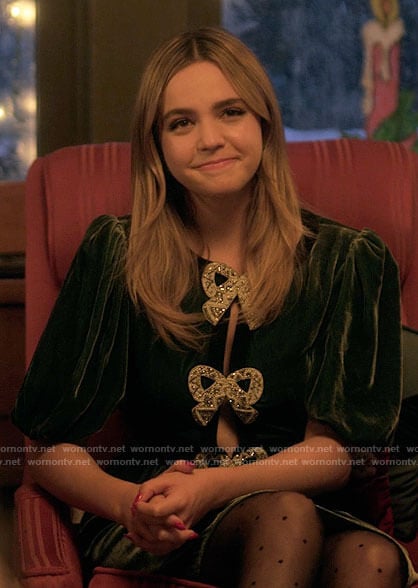 Imogen’s green velvet dress with bows on Pretty Little Liars Original Sin