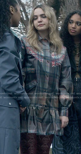 Imogen’s sheer plaid rain coat on Pretty Little Liars Original Sin