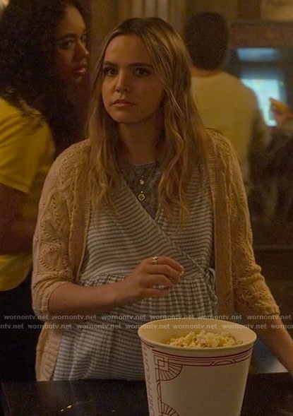 Imogen’s blue striped wrap dress on Pretty Little Liars Original Sin
