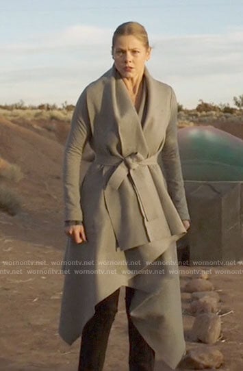 Isobel’s grey wrap coat on Roswell New Mexico
