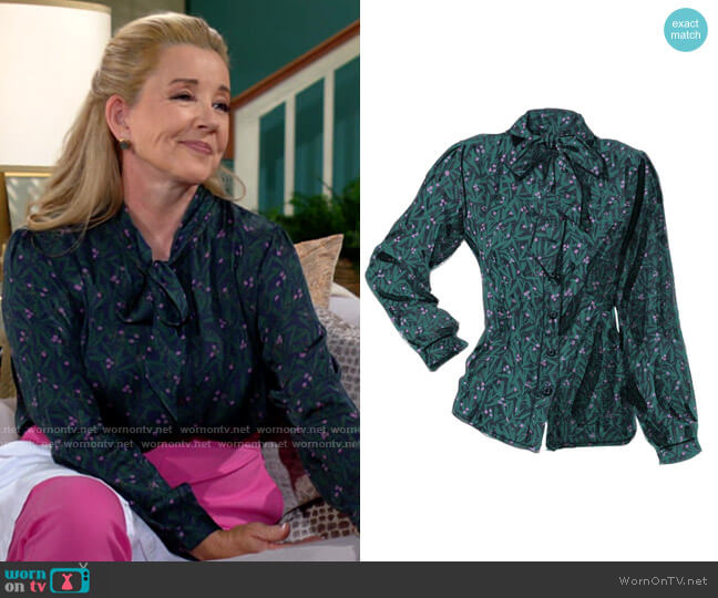 J Peterman Parisian Bow Blouse in Midnight Forest worn by Nikki Reed Newman (Melody Thomas-Scott) on The Young and the Restless