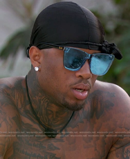 Jeff’s blue mirrored sunglasses on Love Island USA