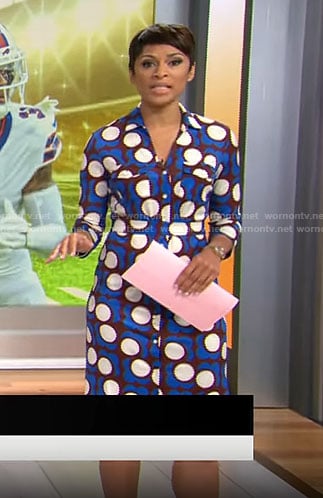 Jericka Duncan’s burgundy and blue printed shirtdress on CBS Mornings