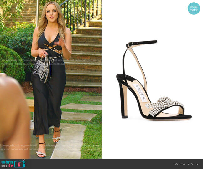 Jimmy Choo Thyra 100mm sandals worn by Fallon Carrington (Elizabeth Gillies) on Dynasty