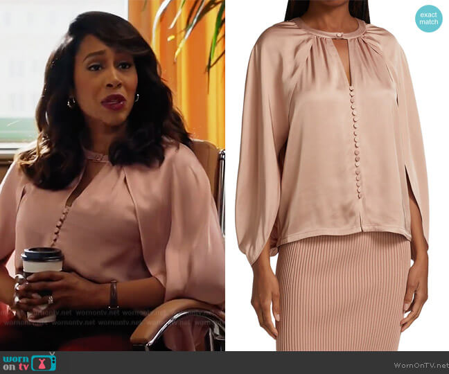 Jonathan Simkhai Audrey Fluid Satin Cape Top worn by Lola Carmichael (Simone Missick) on All Rise