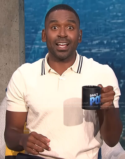 Justin’s Ivory textured polo shirt on E! News Daily Pop