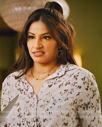 Kamala’s white printed blouse on Never Have I Ever