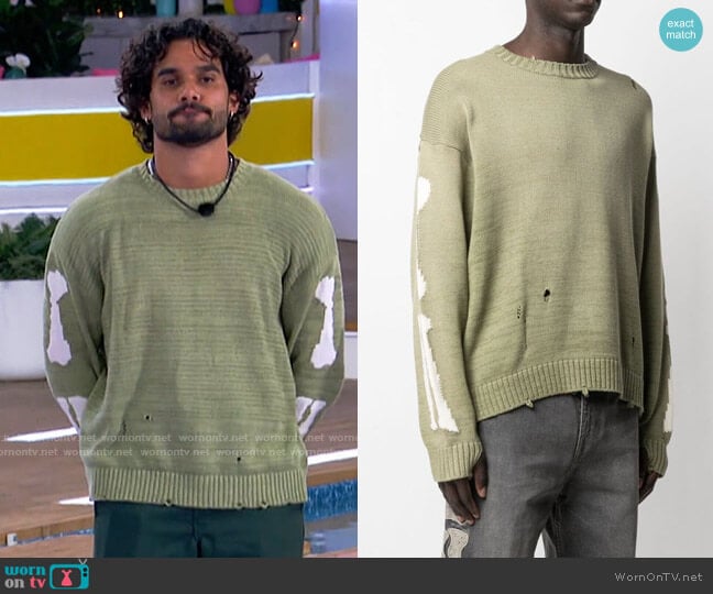 Kapital Skeleton-print Distressed-effect Jumper worn by Jared Hassim on Love Island USA