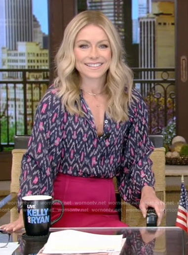 Kelly’s navy print blouse and pink skirt on Live with Kelly and Ryan
